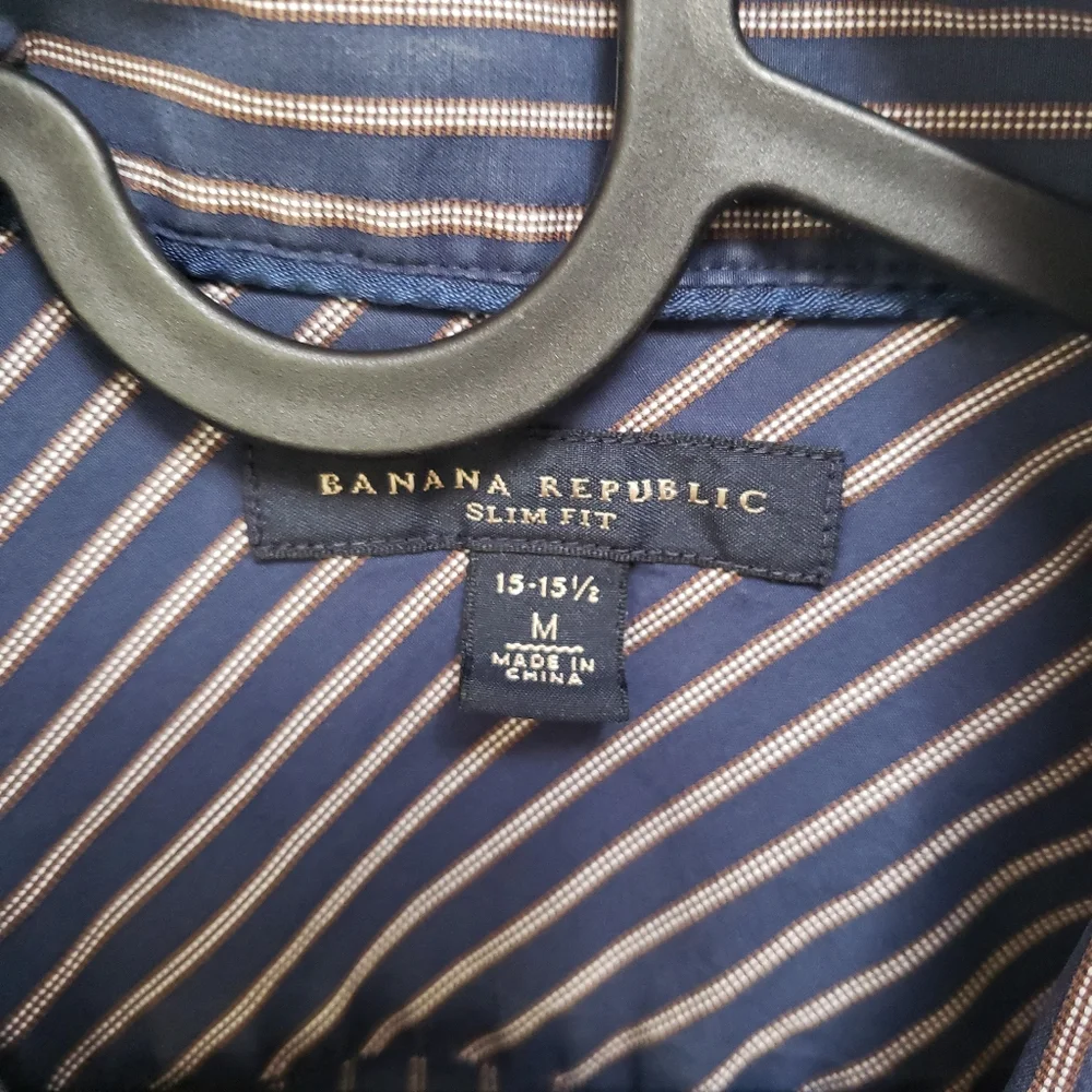 Banana Republic Navy Blue Striped Cotton Long Sleeve Dress Shirt